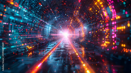 Vibrant 3D Digital Tunnel: Glowing Lines Converge Towards a Bright Light Source, Futuristic Data Streams. Abstract Background