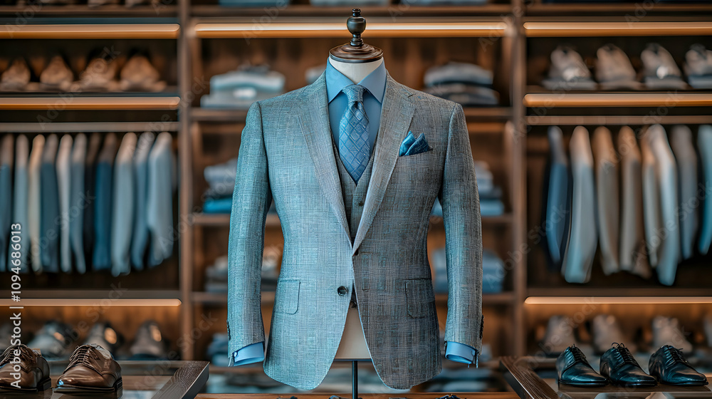 A Grey Plaid Suit Jacket with a Blue Dress Shirt and Tie Displayed on a Mannequin in a Clothing Store A Grey Plaid Suit Jacket with a Blue Dress Shirt and Tie Displayed on a Mannequin in a Clothing Store