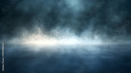 Abstract Dark Blue Foggy Background with a Hazy Atmosphere and a Bright Spot of Light