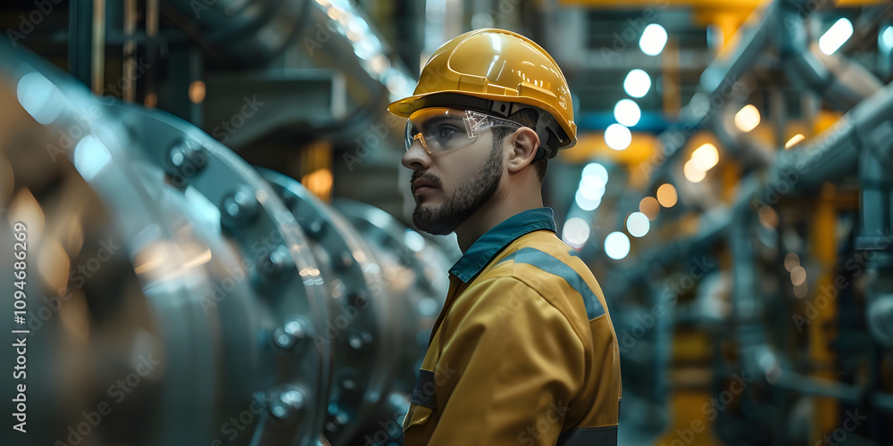 Industrial Worker Inspects Machinery in a Factory Setting Industrial Worker Inspects Machinery in a Factory Setting