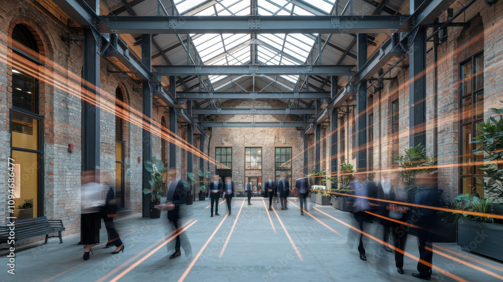 A busy corporate gathering inside a modern industrial space featuring blurred figures of diverse professionals in smart attire. A busy corporate gathering inside a modern industrial space featuring blurred figures of diverse professionals in smart attire.
