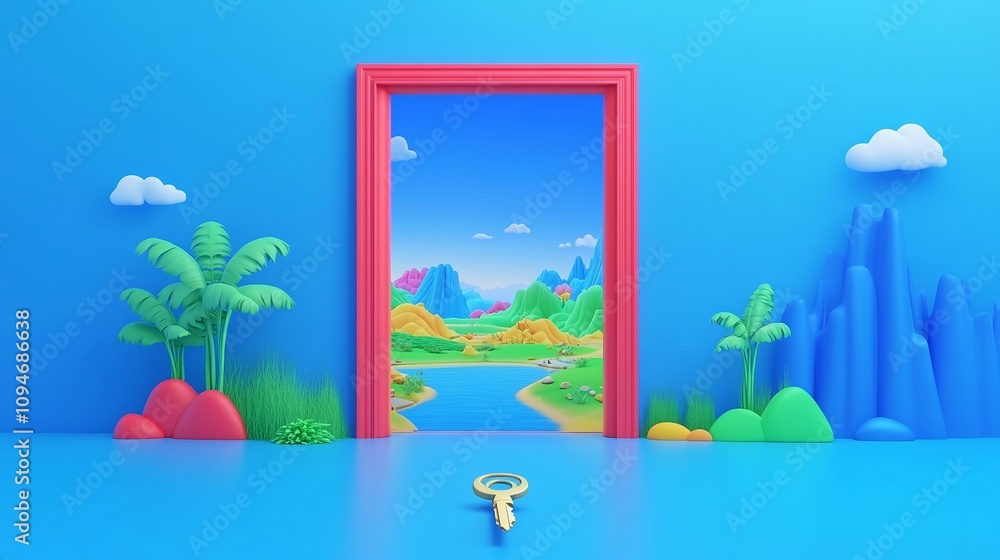Fototapeta premium Key Unlocking Door to Bright Landscape in 3D Render