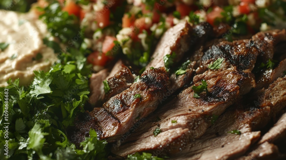 A grilled meat platter displays tender slices of beef alongside a fresh salad made with chopped vegetables and a creamy dip. This meal is enjoyed in a lively outdoor setting. A grilled meat platter displays tender slices of beef alongside a fresh salad made with chopped vegetables and a creamy dip. This meal is enjoyed in a lively outdoor setting.
