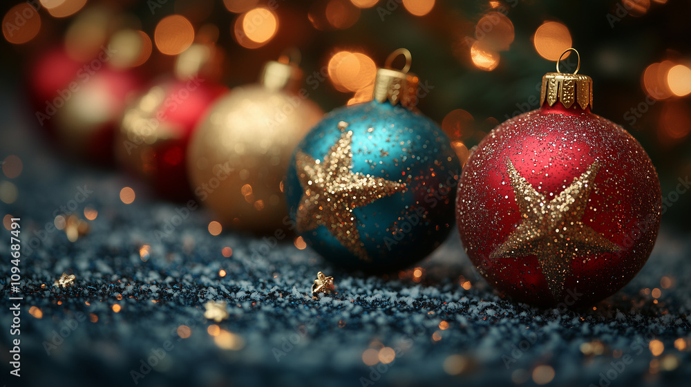 Close-up of Christmas ornaments, Merry Christmas and Happy New Year background, banner with copy space Close-up of Christmas ornaments, Merry Christmas and Happy New Year background, banner with copy space