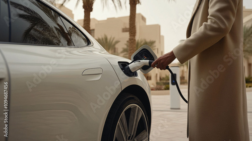 Charging Electric Car in Desert Setting