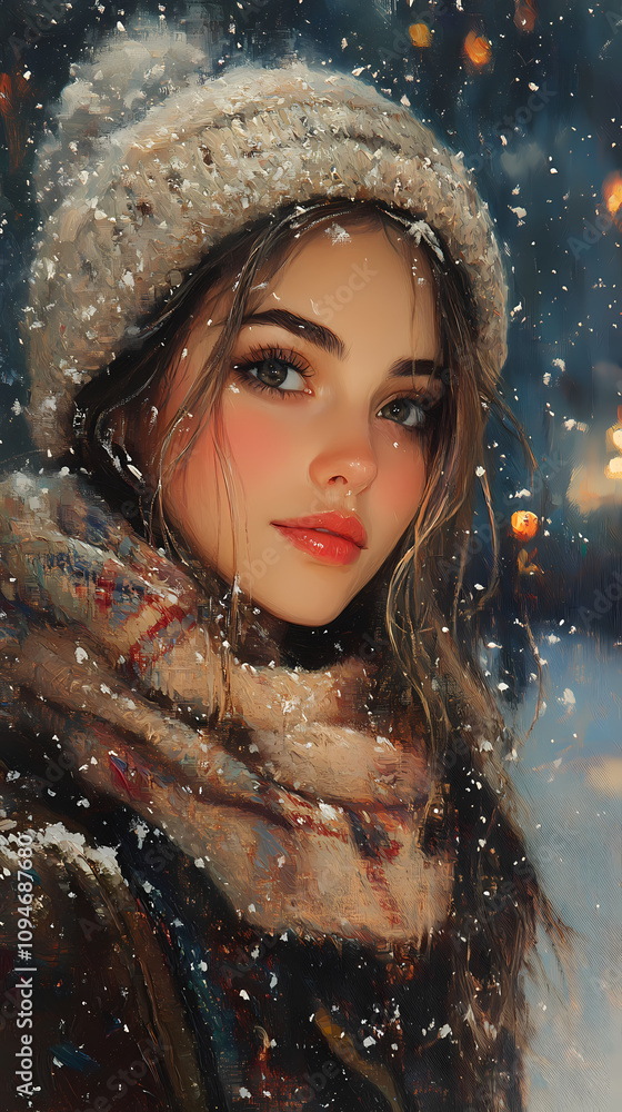 In this oil painting of primitive folk art, a young girl enjoys a winter night surrounded by warm earthy colors In this oil painting of primitive folk art, a young girl enjoys a winter night surrounded by warm earthy colors