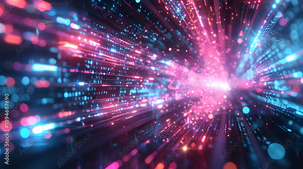Obraz premium Abstract 3D Digital Data Stream Background: Pink and Blue Light Trails Exploding from a Central Point, Representing High-Speed Data Transfer and Technological Advancement.
