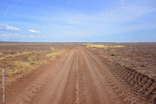 Barren desolate drought landscape, dirt road to horizon, empty flat plains, outback western Queensland Australia