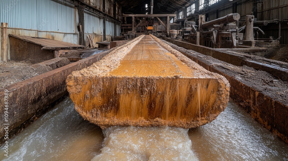 A Large Log Moving Through a Sawmill, Water Spraying on It A Large Log Moving Through a Sawmill, Water Spraying on It