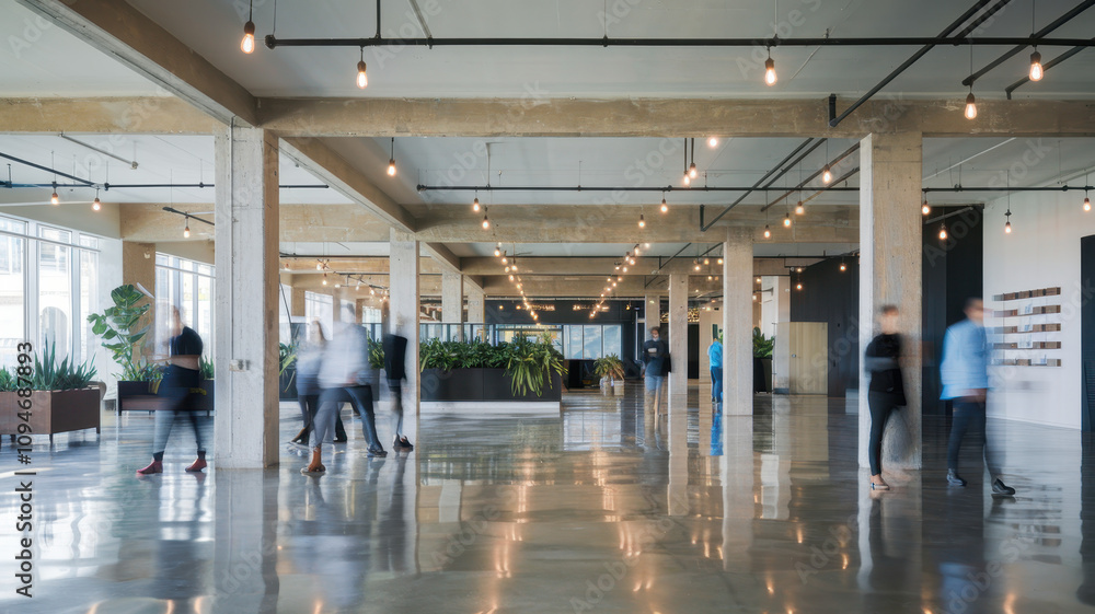 Fototapeta premium A bustling modern office space with blurred figures walking past, showcasing an open layout and contemporary design elements.