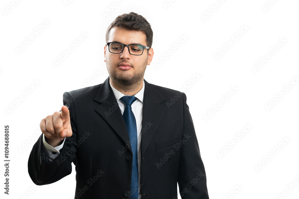Serious male entrepreneur touching invisible screen copyspace Serious male entrepreneur touching invisible screen copyspace
