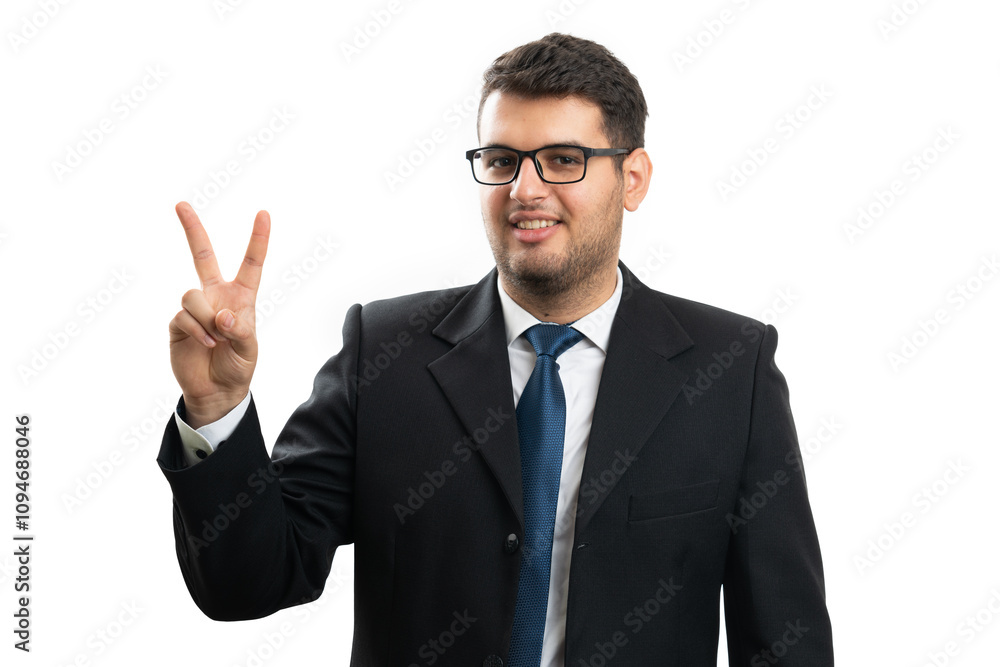 Smiling businessman in formalwear showing peace or victory sign Smiling businessman in formalwear showing peace or victory sign