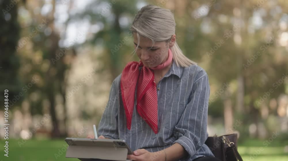 A young woman sits on a park bench and works on her tablet. She is focused and productive in her outdoor office. A young woman sits on a park bench and works on her tablet. She is focused and productive in her outdoor office.