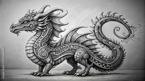 Whimsical Dragon Sculpture: Captivating Black and White Ink Drawing Showcasing Intricate Details and Artistic Flair for Unique Home Decor and Creative Spaces