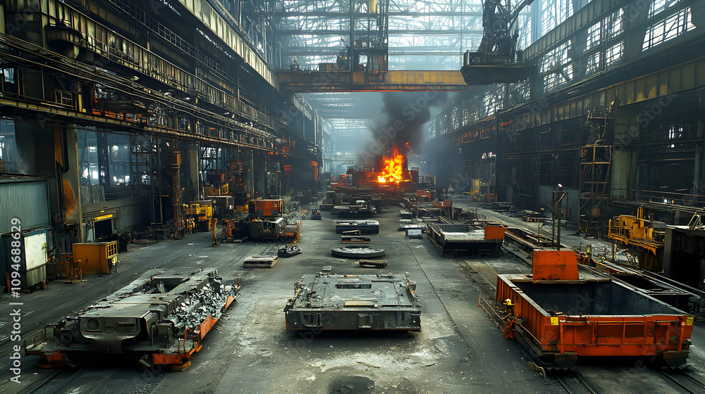 Naklejka premium Industrial Foundry: Molten Metal Pouring in a Large Steel Mill, Showing Intense Heat and Smoke, with Heavy Machinery and Equipment