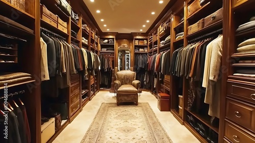 Luxurious Walk-in Closet with Rich Wood Finish and Comfortable Seating. AI Generated