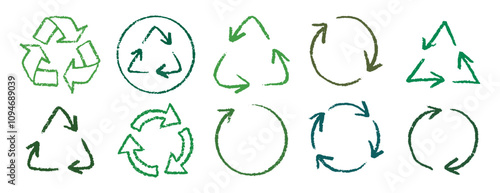 Recycle arrow hand drawn pencil line icon set. Crayon green recycle arrow chalk Icon Vector drawing