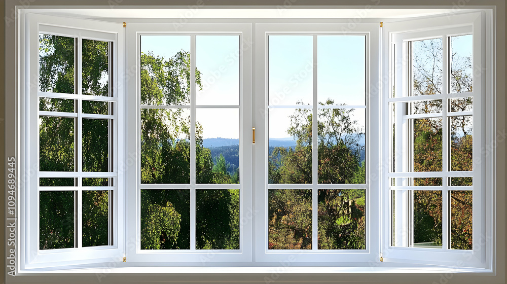 White Bay Window with Panes Provides a View of Green Trees and a Blue Sky Beyond the Frame White Bay Window with Panes Provides a View of Green Trees and a Blue Sky Beyond the Frame