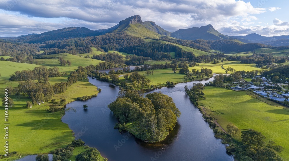 Aerial view of a river winding through lush green fields and mountains. Aerial view of a river winding through lush green fields and mountains.