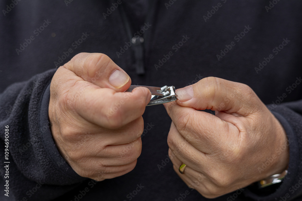 Close-up of Male Hands Using Nail Clippers to Trim Fingernails Close-up of Male Hands Using Nail Clippers to Trim Fingernails