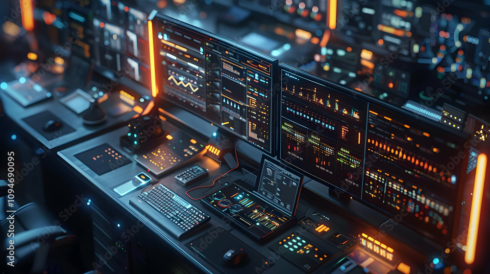 Futuristic 3D Render of a Control Room with Multiple Monitors Displaying Data Streams and Interfaces