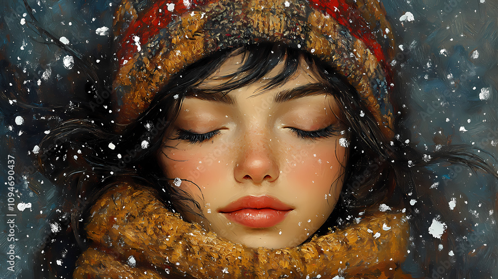 In this oil painting of primitive folk art, a young girl enjoys a winter night surrounded by warm earthy colors In this oil painting of primitive folk art, a young girl enjoys a winter night surrounded by warm earthy colors