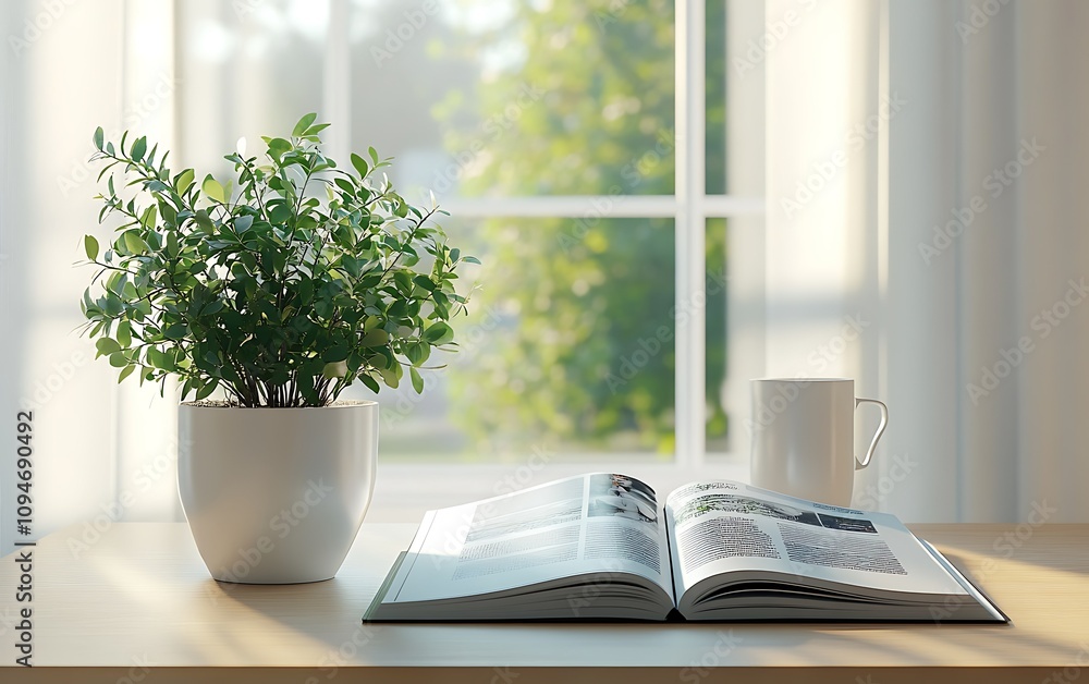 Sunlit windowsill with open book, potted plant, and coffee mug. Sunlit windowsill with open book, potted plant, and coffee mug.