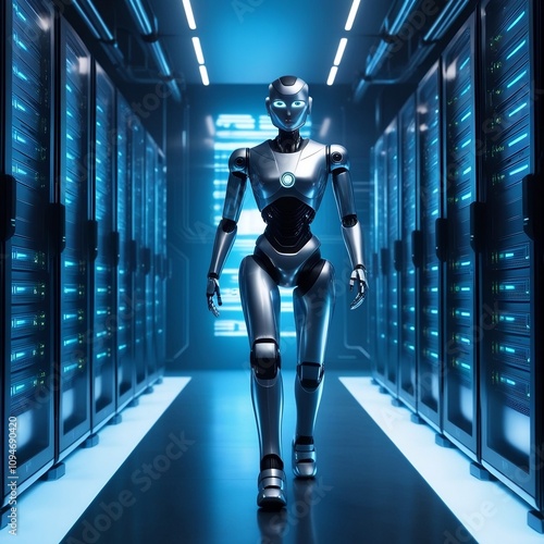 Futuristic AI technology with humanoid robots, holographic data, and advanced innovation in a tech lab