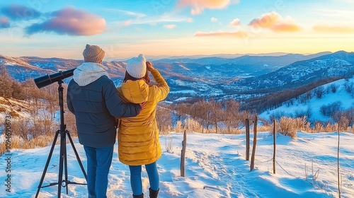 Enjoying a breathtaking sunset with a telescope in a snowy mountain landscape