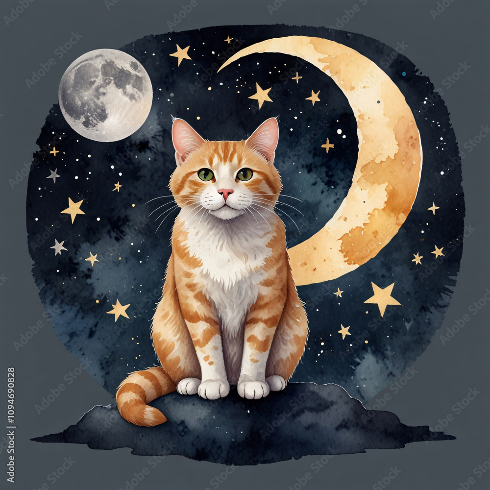 Cat on a Planet Watching the Lunar Eclipse Under the Starry Night Sky Cat on a Planet Watching the Lunar Eclipse Under the Starry Night Sky