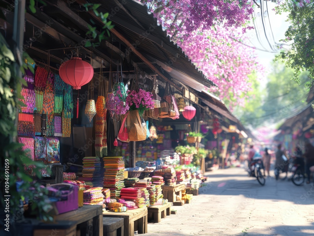 Obraz premium Vibrant Thai Street Market Vendors Thailand Travel Lively Environment Colorful Viewpoint Cultural Experience