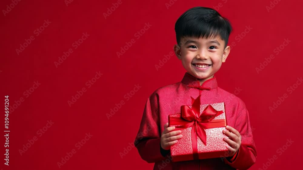 A cheerful asian boy wearing a red traditional outfit holds a beautifully wrapped gift against a bright red background A cheerful asian boy wearing a red traditional outfit holds a beautifully wrapped gift against a bright red background