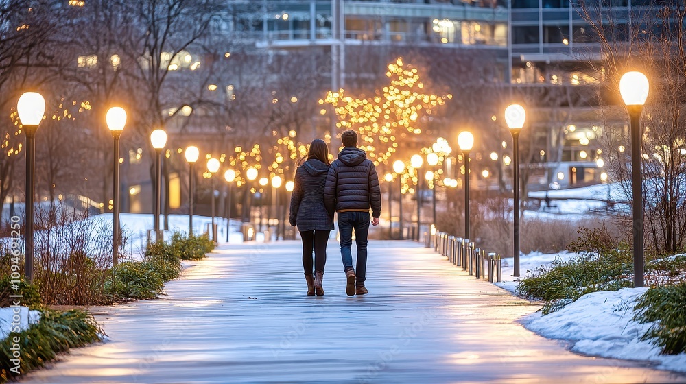 Obraz premium Couple walks hand in hand through a festive park adorned with twinkling lights on a chilly winter evening
