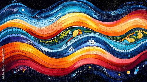 Dot paintings in earthy tones with wavy patterns formed by the lines.
