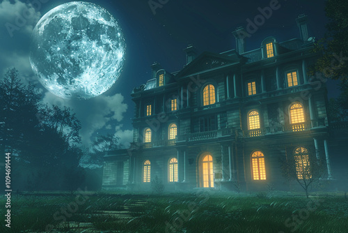 A haunted mansion with glowing windows and a full moon looming overhead, casting eerie shadows on the lawn. photo