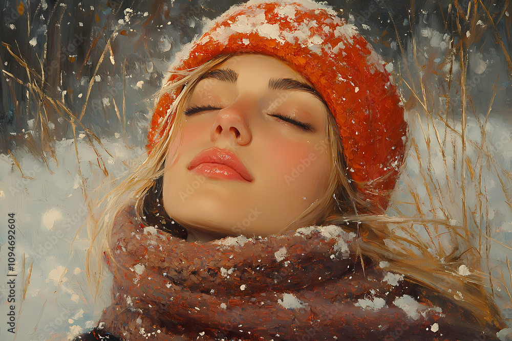 In this oil painting of primitive folk art, a young girl enjoys a winter night surrounded by warm earthy colors In this oil painting of primitive folk art, a young girl enjoys a winter night surrounded by warm earthy colors