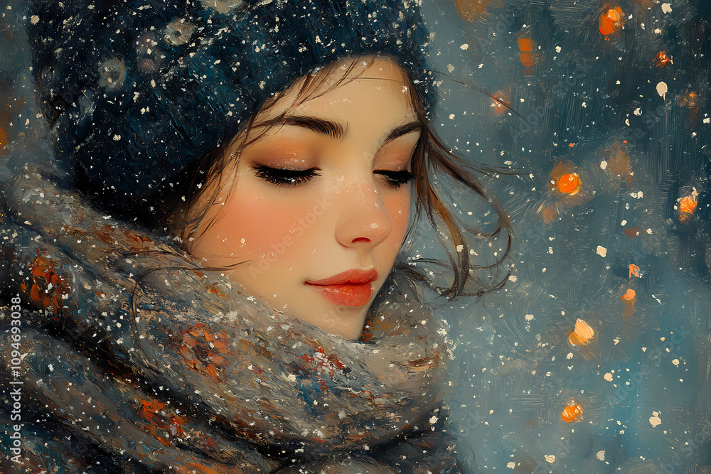 In this oil painting of primitive folk art, a young girl enjoys a winter night surrounded by warm earthy colors In this oil painting of primitive folk art, a young girl enjoys a winter night surrounded by warm earthy colors