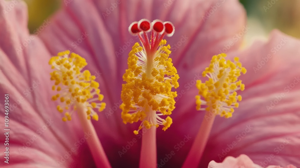 Close-up of hibiscus flower's reproductive organs. Close-up of hibiscus flower's reproductive organs.