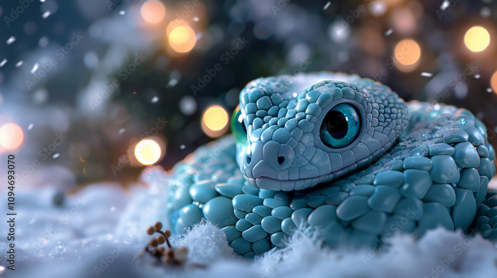 A blue cute reptile resting on snow with holiday lights in the background during a winter setting A blue cute reptile resting on snow with holiday lights in the background during a winter setting
