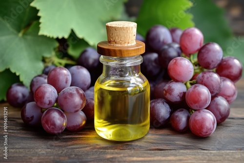 Grape seed oil in small bottle and bunch of grapes together.