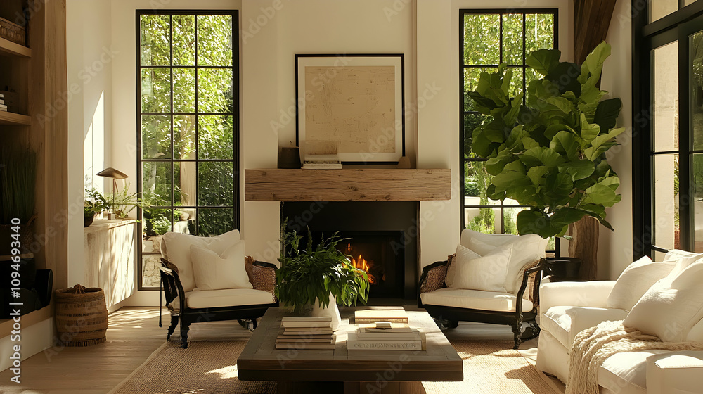 Fototapeta premium A cozy living room with a fireplace, featuring two white armchairs, a white couch, and a large leafy plant next to a large window, with sunlight streaming in and a coffee table with a stack of books.