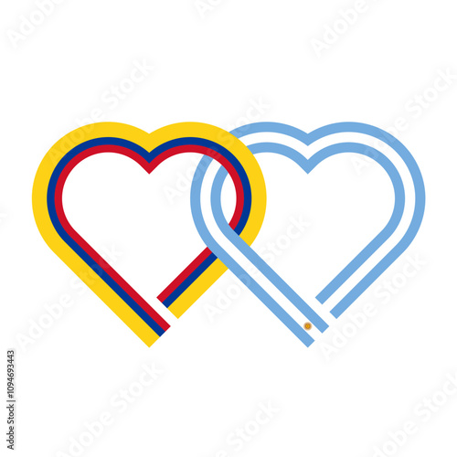 heart shaped ribbon of colombia and argentina flags intertwined. vector illustration isolated on white background