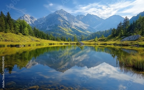 Serene mountain lake reflecting majestic peaks under a clear blue sky.