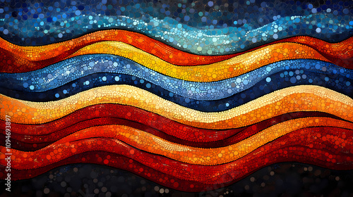 Dot paintings in earthy tones with wavy patterns formed by the lines.
