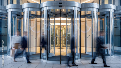 A dynamic scene of professionals hurrying through a modern revolving door, showcasing a blend of movement and architectural elegance in a corporate setting. photo