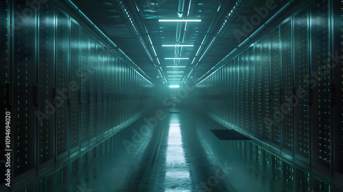 3D Render of a Futuristic Server Room Corridor with Teal Lighting