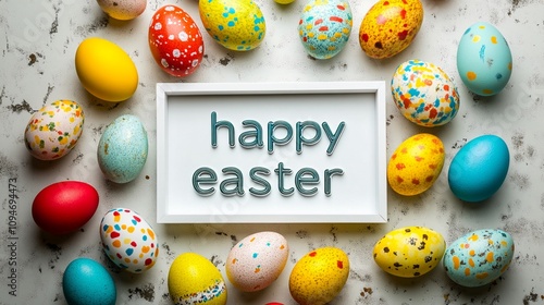 Colorful Easter eggs surround a white frame with 