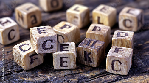 Wooden Alphabet Blocks Scattered on a Rustic Wooden Surface with Letters Showing C, E, D, F, K, and I