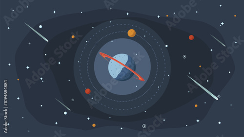 a planet with satellites is flying in outer space