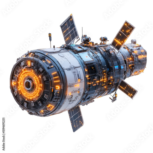 Fototapeta Naklejka Na Ścianę i Meble -  Futuristic space station design with glowing features and satellite panels isolated on transparent background cutout png
